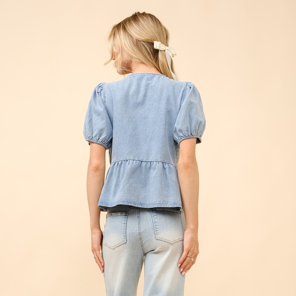 Puff Sleeve Bow Tie Front Denim Cut Out Top - Blue B - Picture 5 of 5
